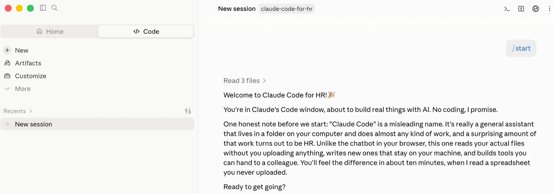 The Claude desktop app with the Code tab selected, a new claude-code-for-hr session open, and the course mentor's welcome message.
