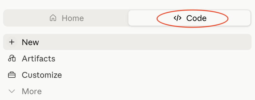 The Claude app sidebar with the Code tab highlighted next to Home.
