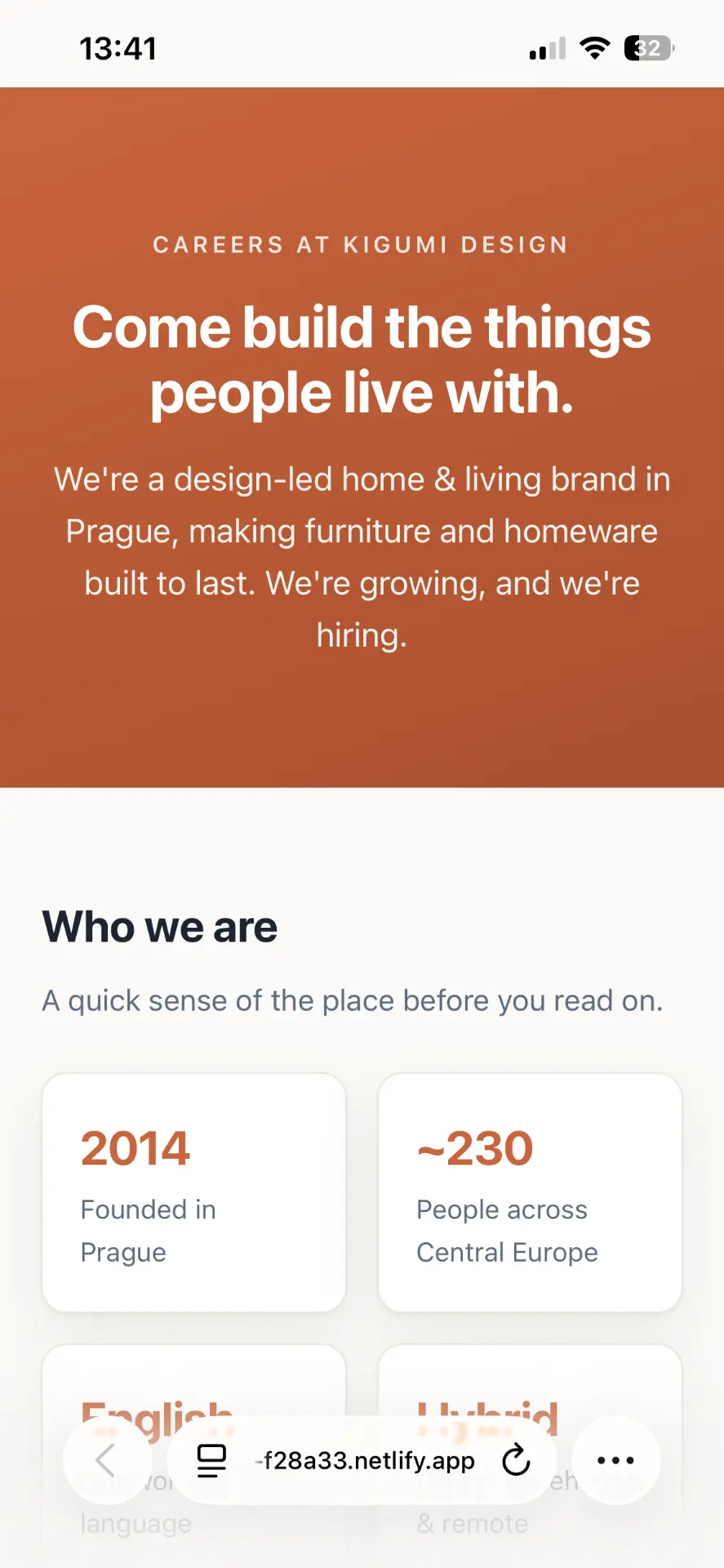 A careers page for Kigumi Design shown on a phone, with the hiring hero and company facts.