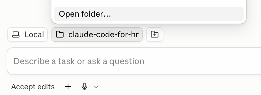 The folder selector at the bottom of the Claude Code screen with the claude-code-for-hr folder chosen.